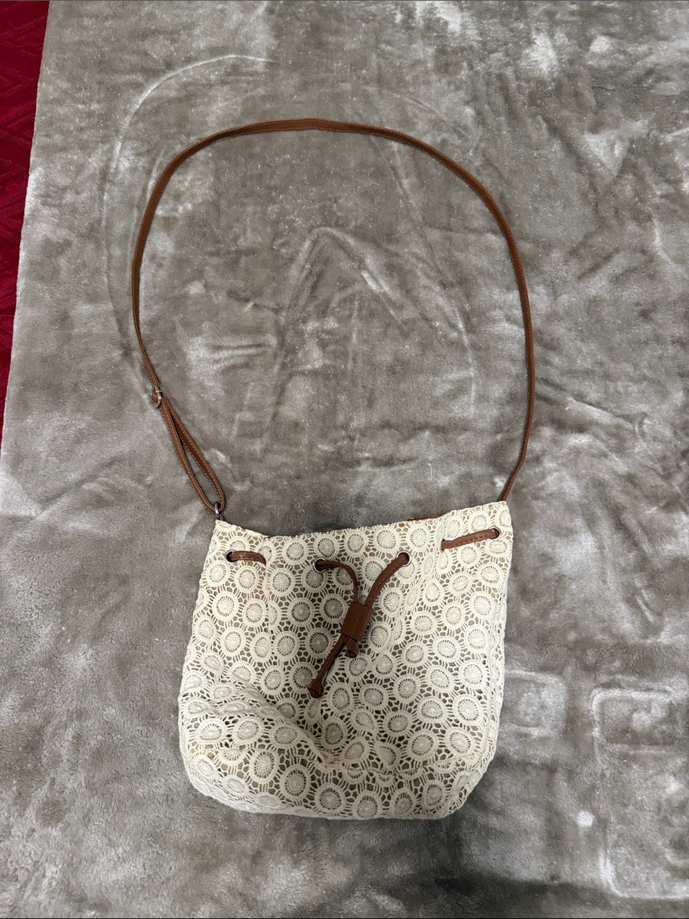 Woven Lace Bucket Crossbody Bag in Cream and Brown